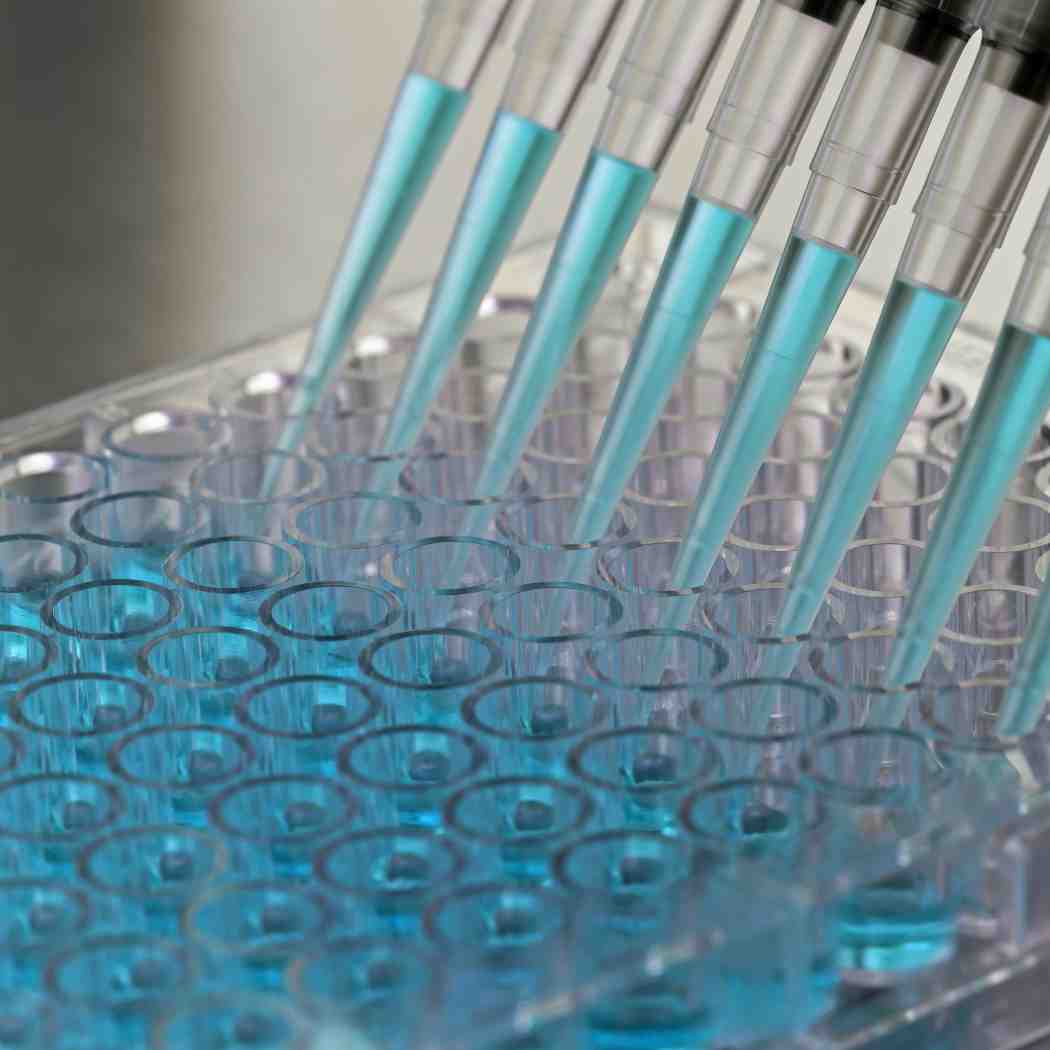 Multi-channel pipette dispensing blue liquid into glass test tubes, Life Sciences | DXC Technology Software